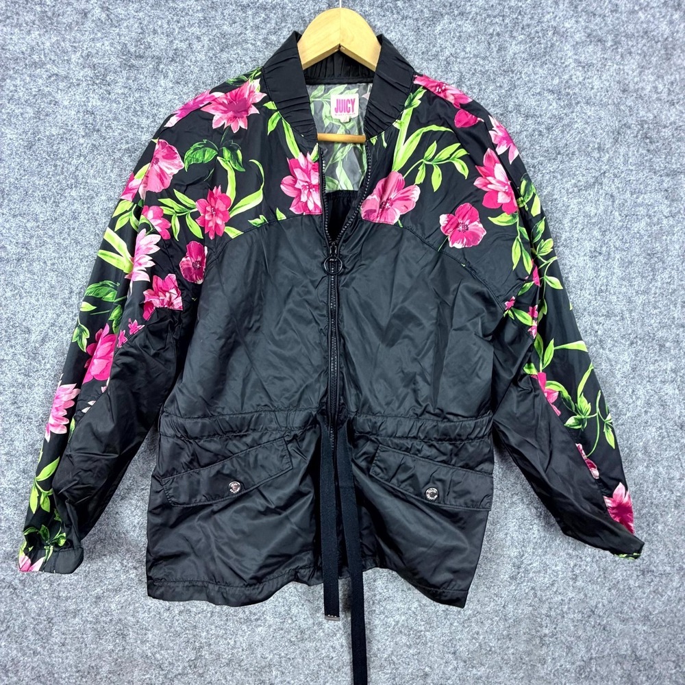 Juicy Couture Jacket Womens Medium Black Pink Y2K‎ Floral Lightweight Full Zip